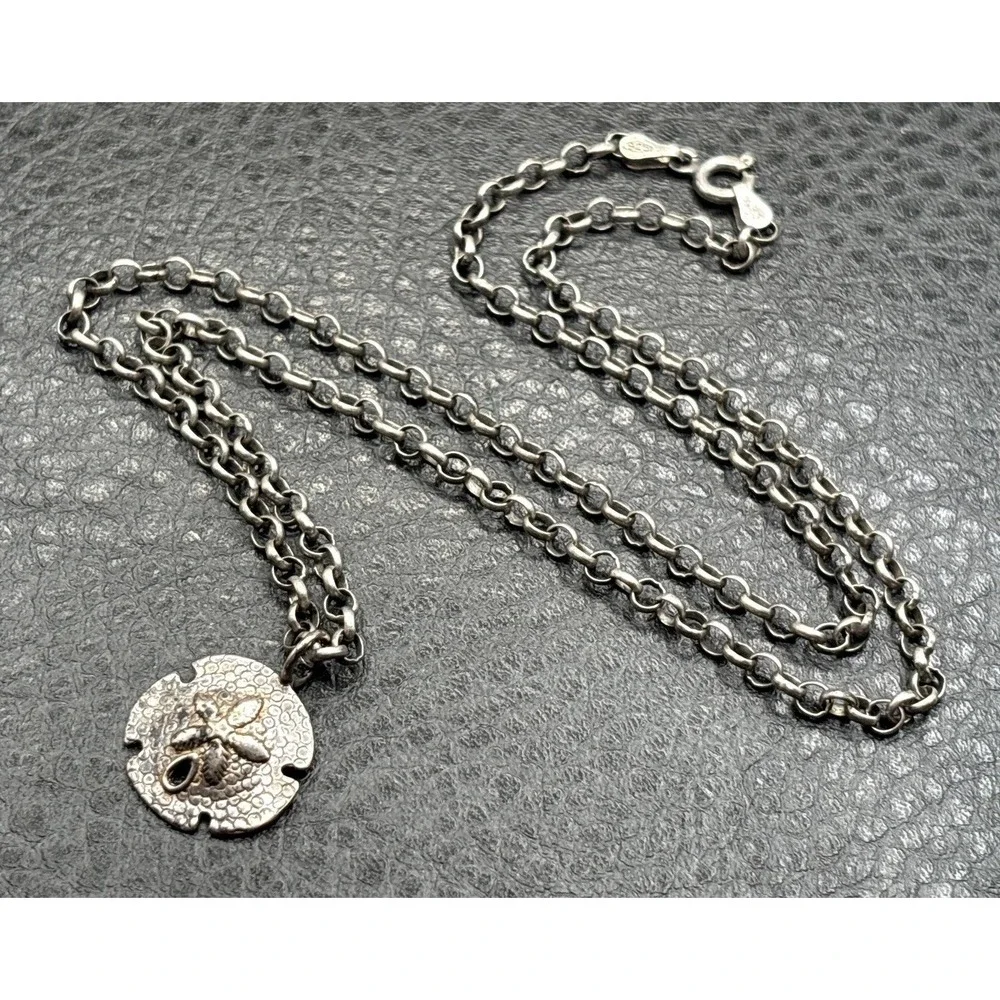 Vintage Sterling Silver Sand Dollar Pendant Rolo Chain Necklace Beach Sea Boho
